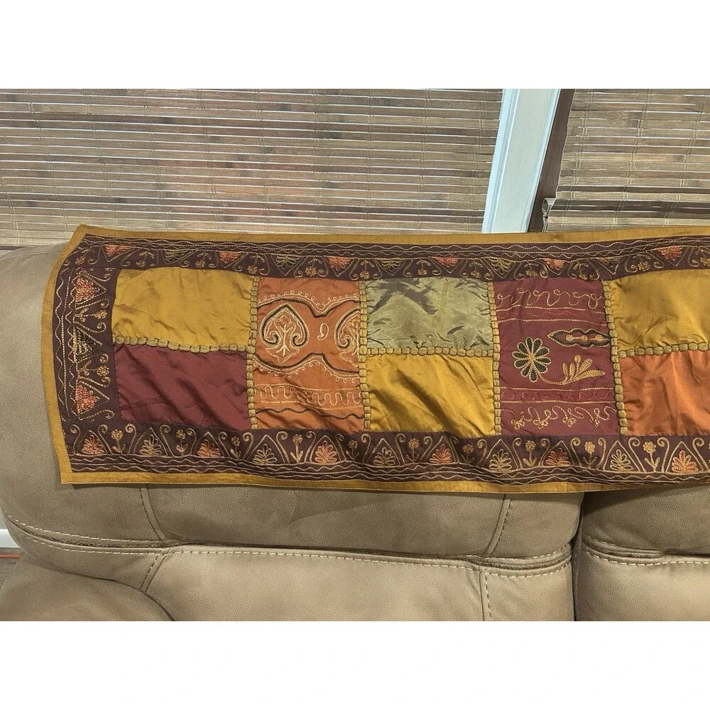 Pier One Raja Table Runner Gold Maroon Indian Patchwork Embroidery 14 X 72